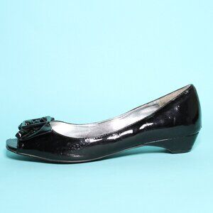 Peep Toe Bow Tie Flats Shiny Patent Black 7